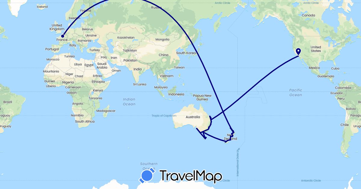 TravelMap itinerary: driving in Australia, France, Japan, New Caledonia, New Zealand, United States (Asia, Europe, North America, Oceania)
